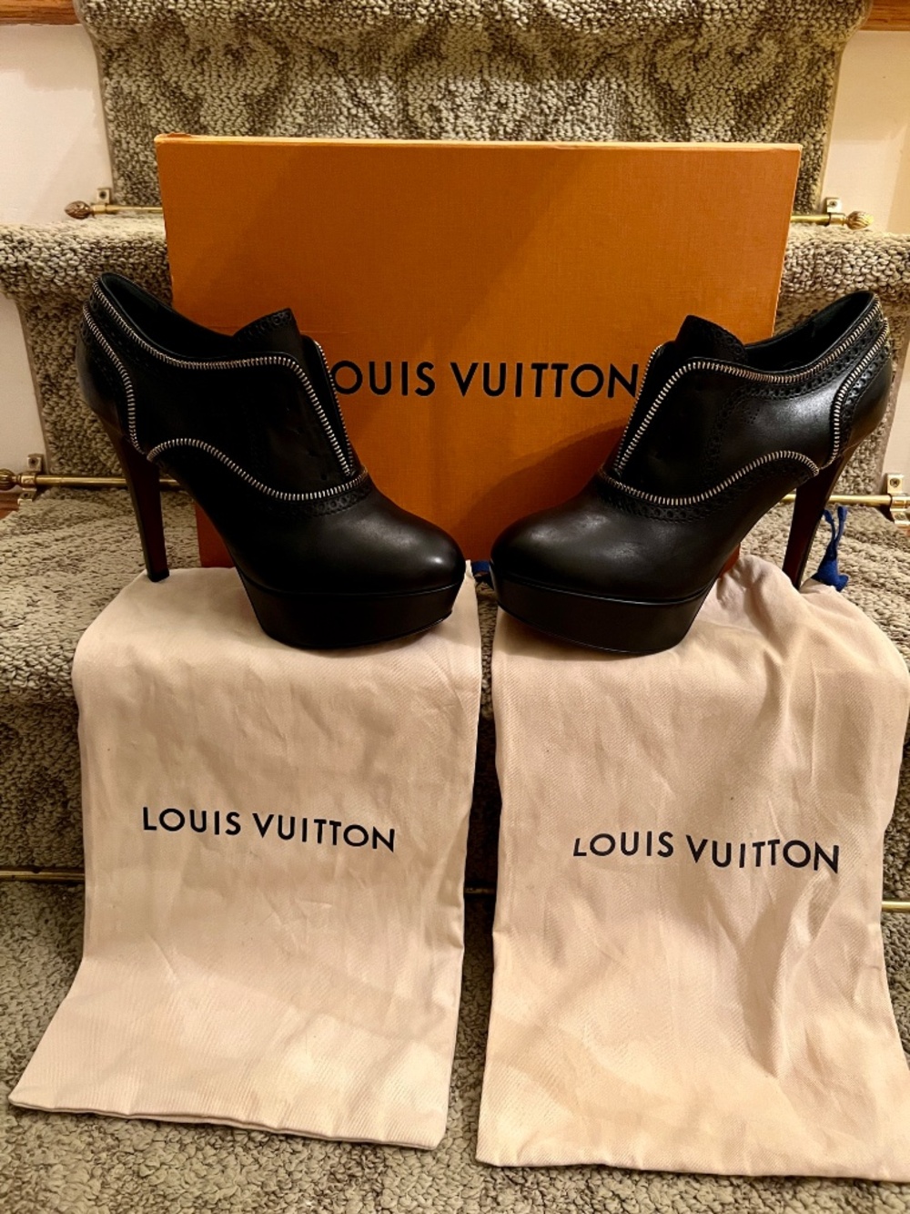 Louis Vuitton Tomboy Platform Calfskin Brogue Style Pumps Heels Black Size 41